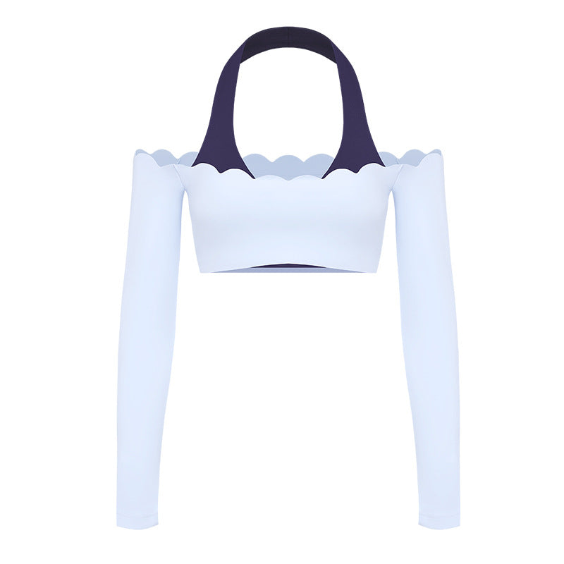 Long Sleeve Crop Top & Legging Set, Brushed Fabric Color Block Quick-DrySkinny Fitness Yoga Wear with Built-in Bra for Pilates & Workout1