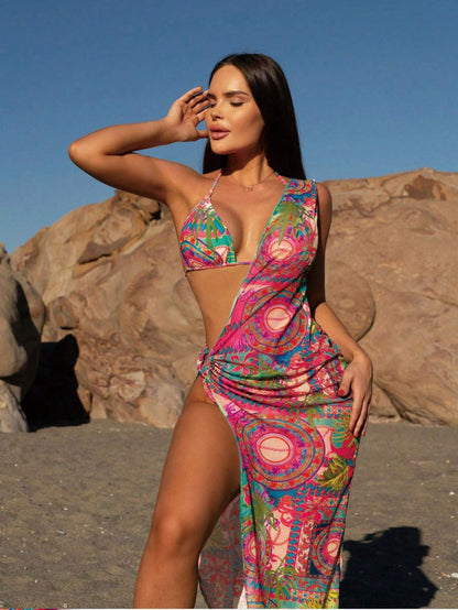 2023 New Leopard Print Sunscreen Three-piece Mesh Swimsuit Women's Bikini Beach Swimsuit 6 Colors