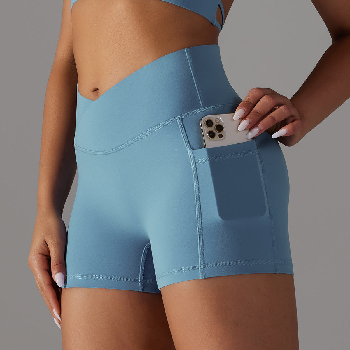 Reversible polyamide wool crossed V-waist pocket yoga shorts three-quarter pants 10colors