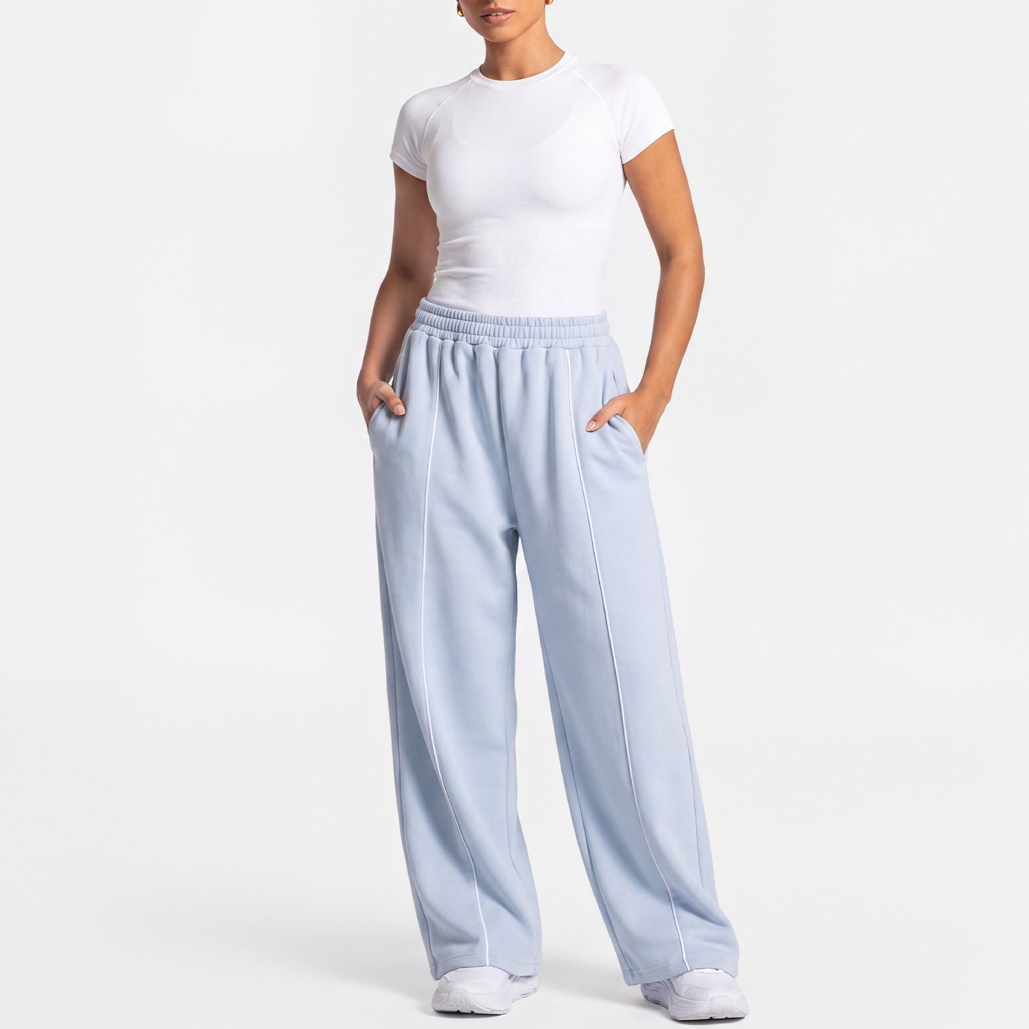 Women Loose Wide Leg Sweatpants Straight Casual Trousers Yoga Outfit Set, European & American Style Short Sleeve Sports Top