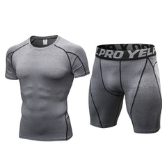 1054+1053 men's fitness suit perspiration quick-drying training short-sleeved tight running shorts sports two-piece set 14 colors