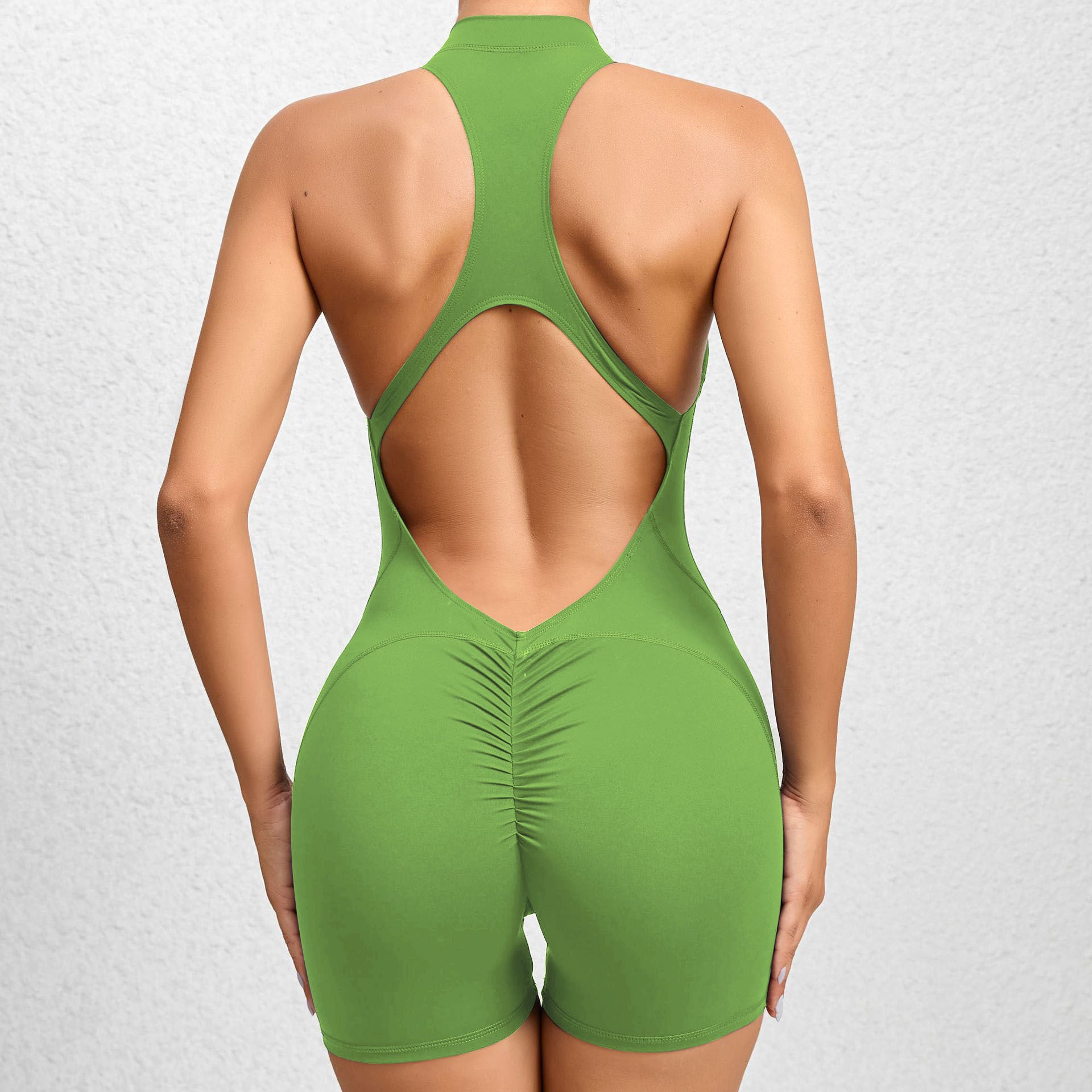 Bodycon one-piece Quick dry Pleated fitness jumpsuit with zipper