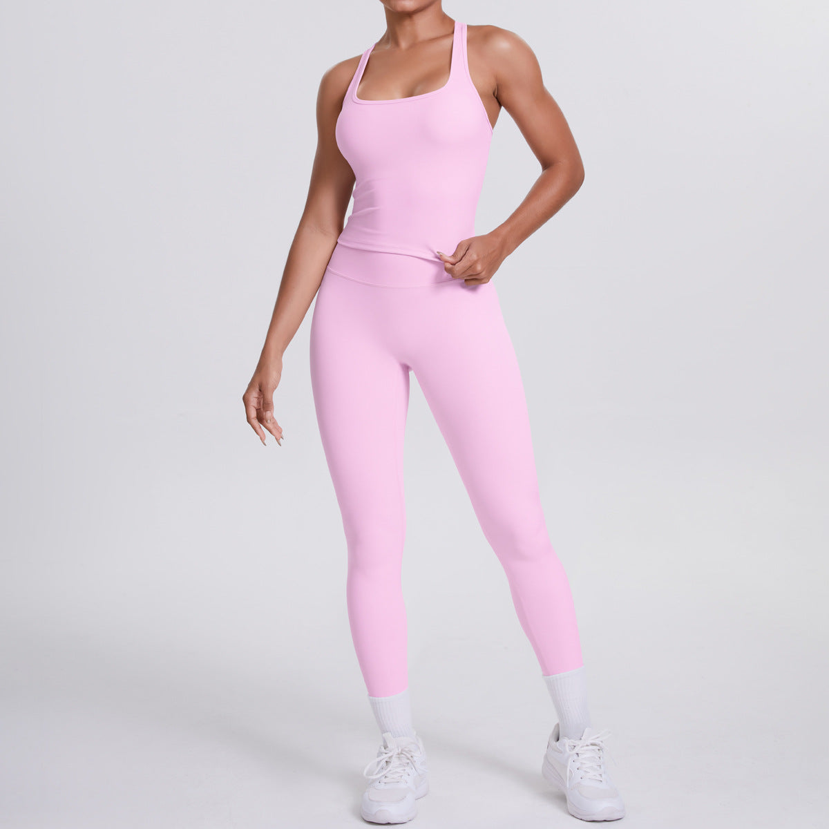 Solid Color Brushed Double-Sided Fitted Ribbed Racerback Sports Set, 2-Piece Yoga Outfit for Running & Fitness