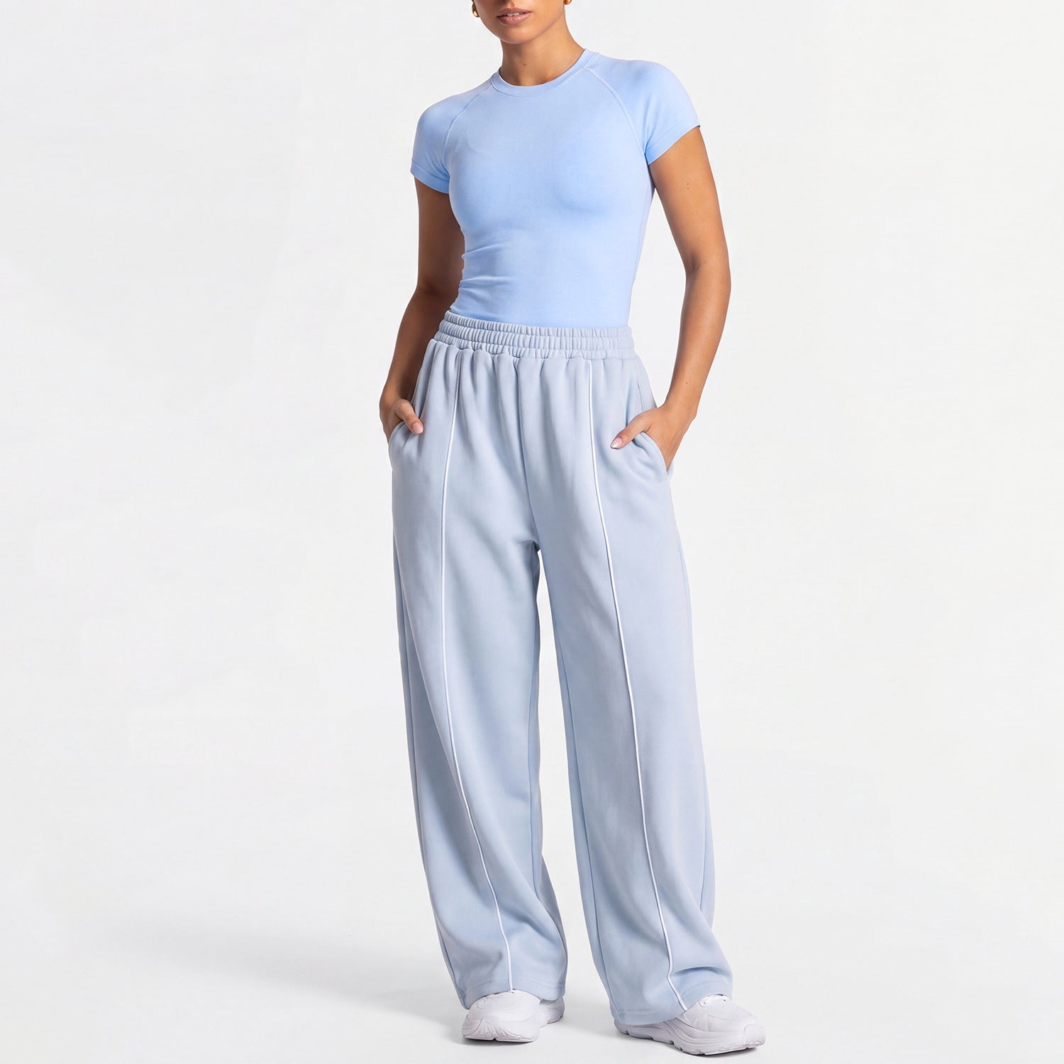 Women Loose Wide Leg Sweatpants Straight Casual Trousers Yoga Outfit Set, European & American Style Short Sleeve Sports Top