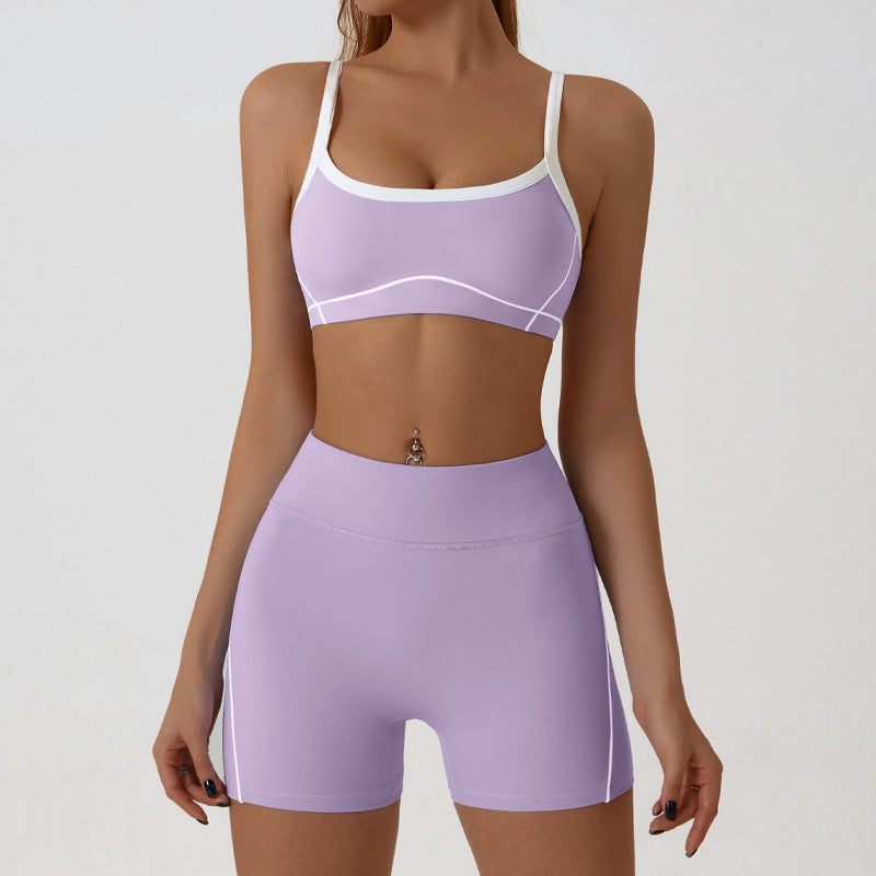 Nude high stretch yoga suit color bra suspender hip fitness line shorts outdoor sports suit female