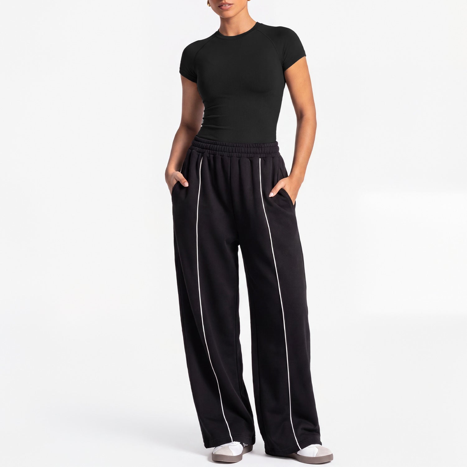 Women Loose Wide Leg Sweatpants Straight Casual Trousers Yoga Outfit Set, European & American Style Short Sleeve Sports Top