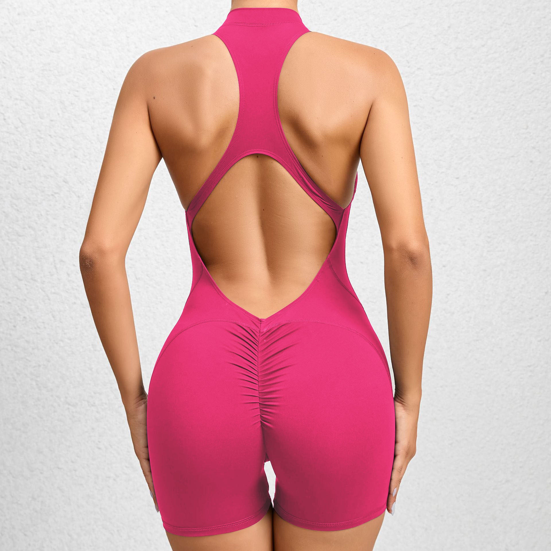 Bodycon one-piece Quick dry Pleated fitness jumpsuit with zipper