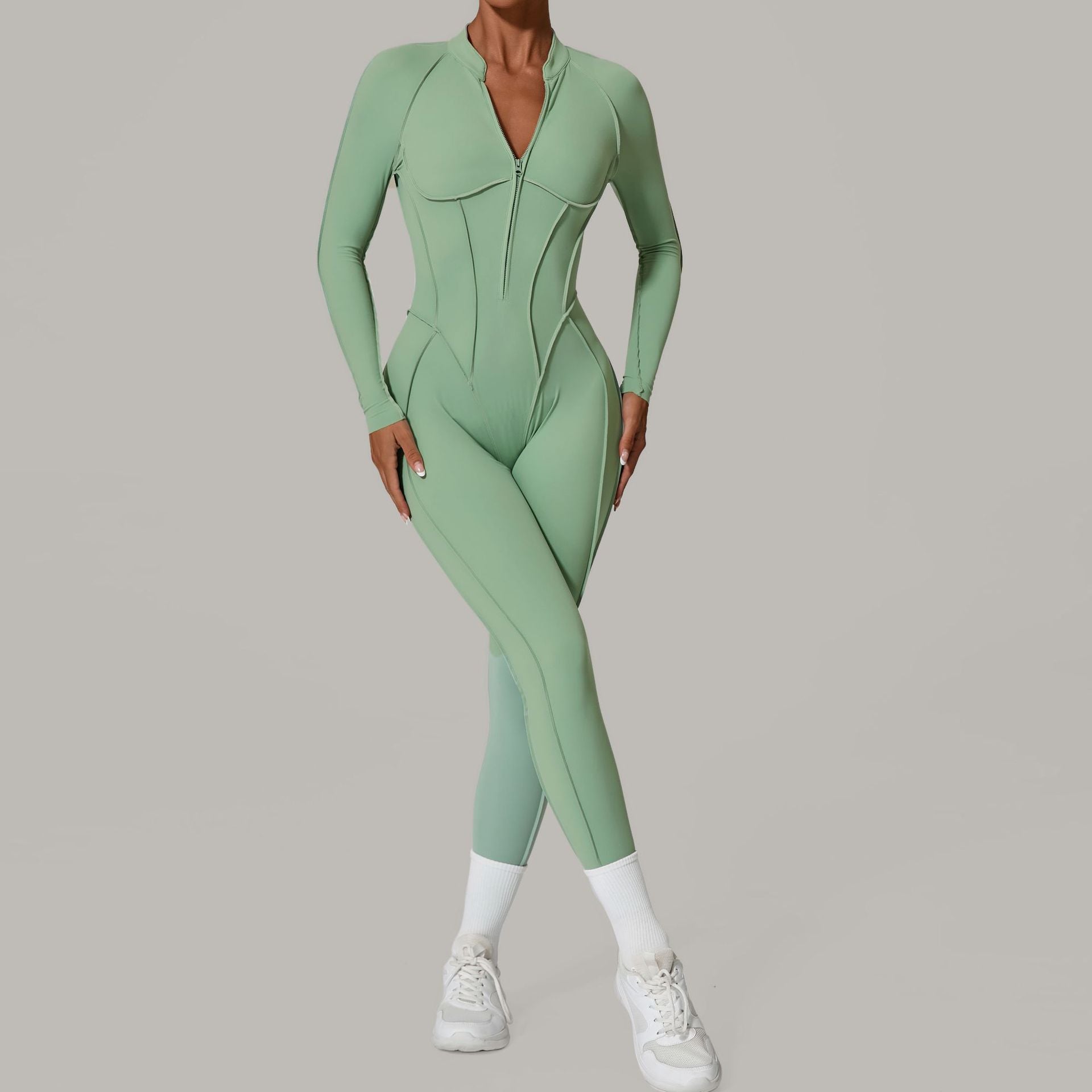 Half open zipper long sleeve to wear fitness yoga jumpsuit 25633
