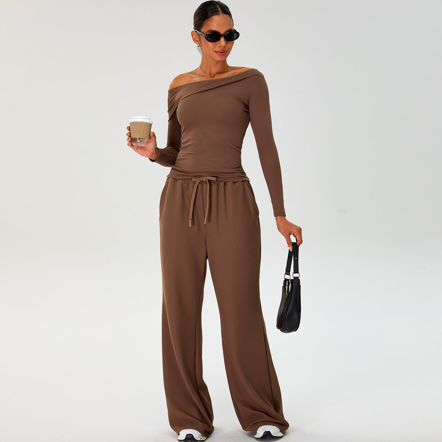 Yoga suit long sleeve inclined shoulder design T-shirt quick dry sports suit casual pants running sports pants