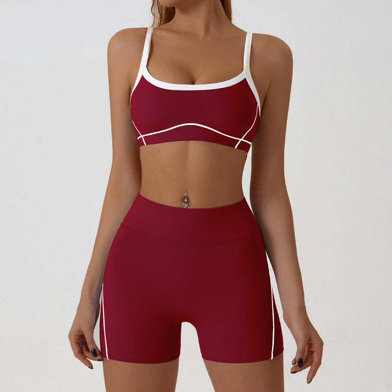 Nude high stretch yoga suit color bra suspender hip fitness line shorts outdoor sports suit female