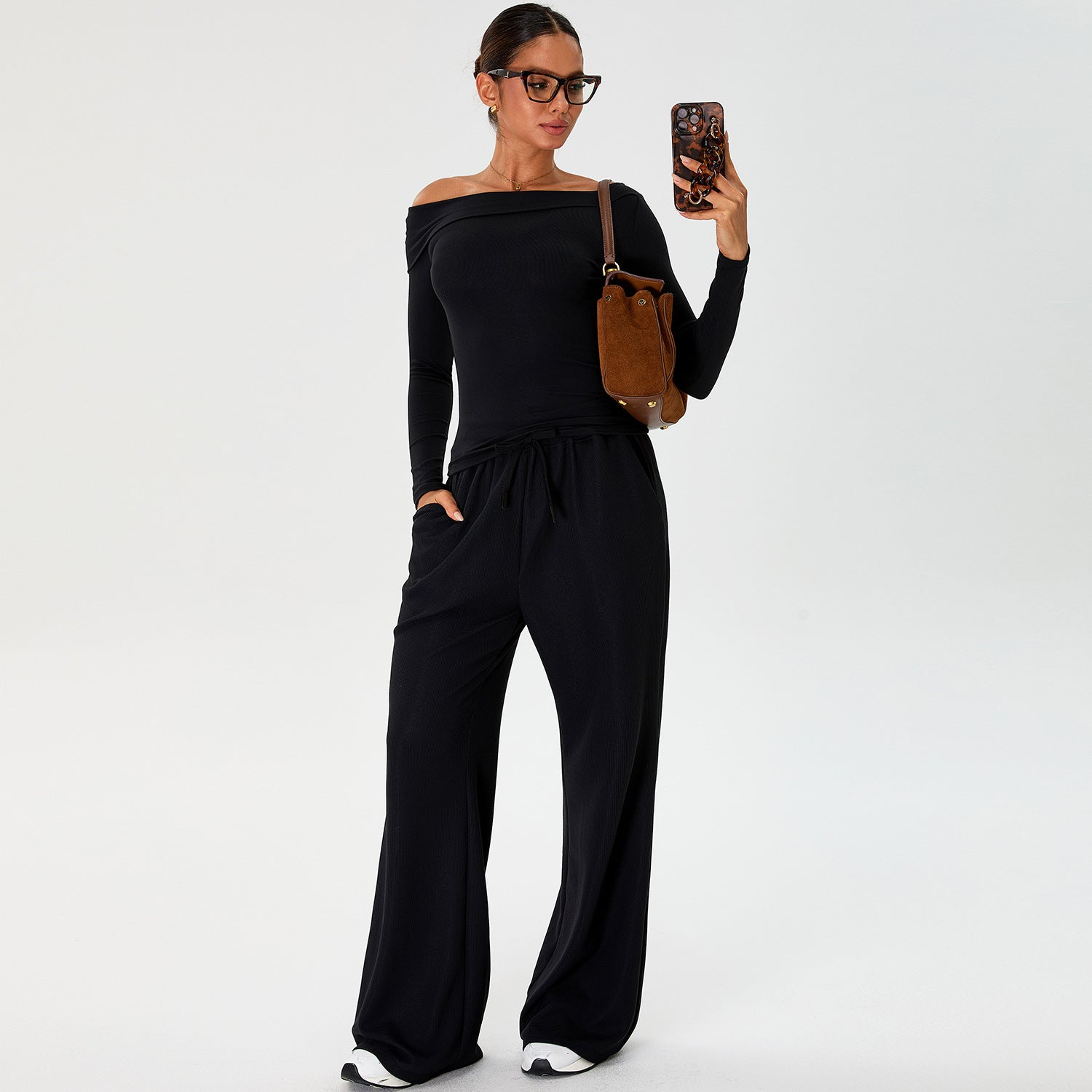 Yoga suit long sleeve inclined shoulder design T-shirt quick dry sports suit casual pants running sports pants