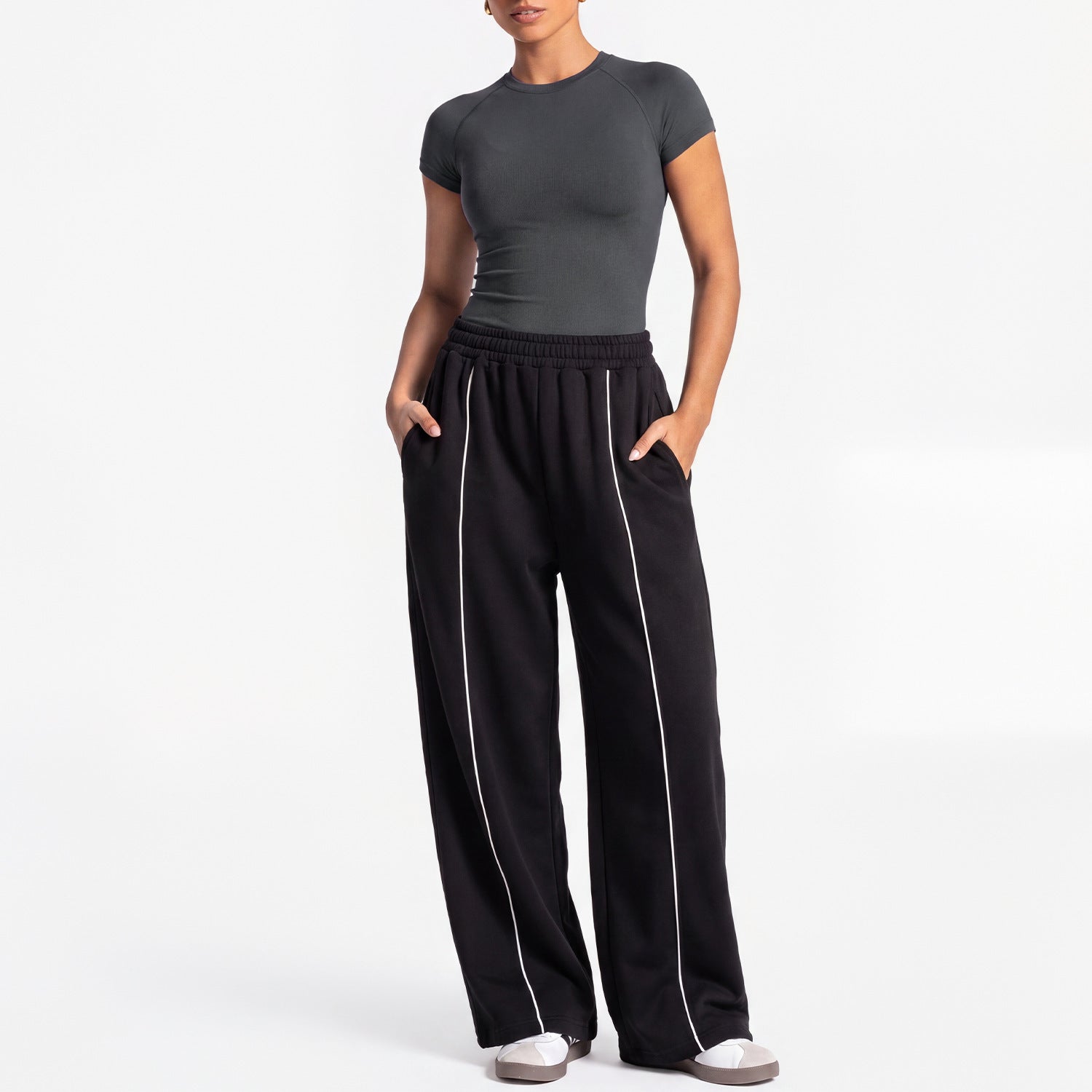 Women Loose Wide Leg Sweatpants Straight Casual Trousers Yoga Outfit Set, European & American Style Short Sleeve Sports Top