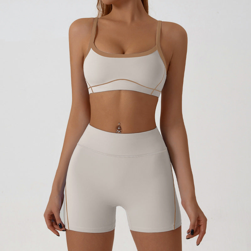Nude high stretch yoga suit color bra suspender hip fitness line shorts outdoor sports suit female