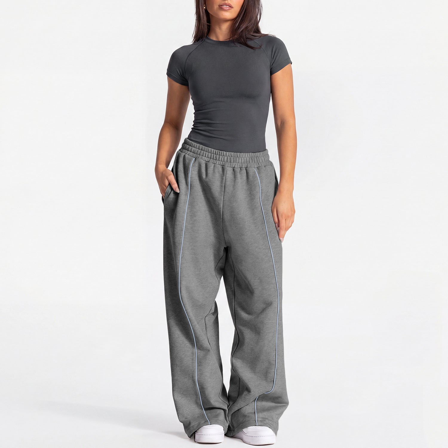 Women Loose Wide Leg Sweatpants Straight Casual Trousers Yoga Outfit Set, European & American Style Short Sleeve Sports Top