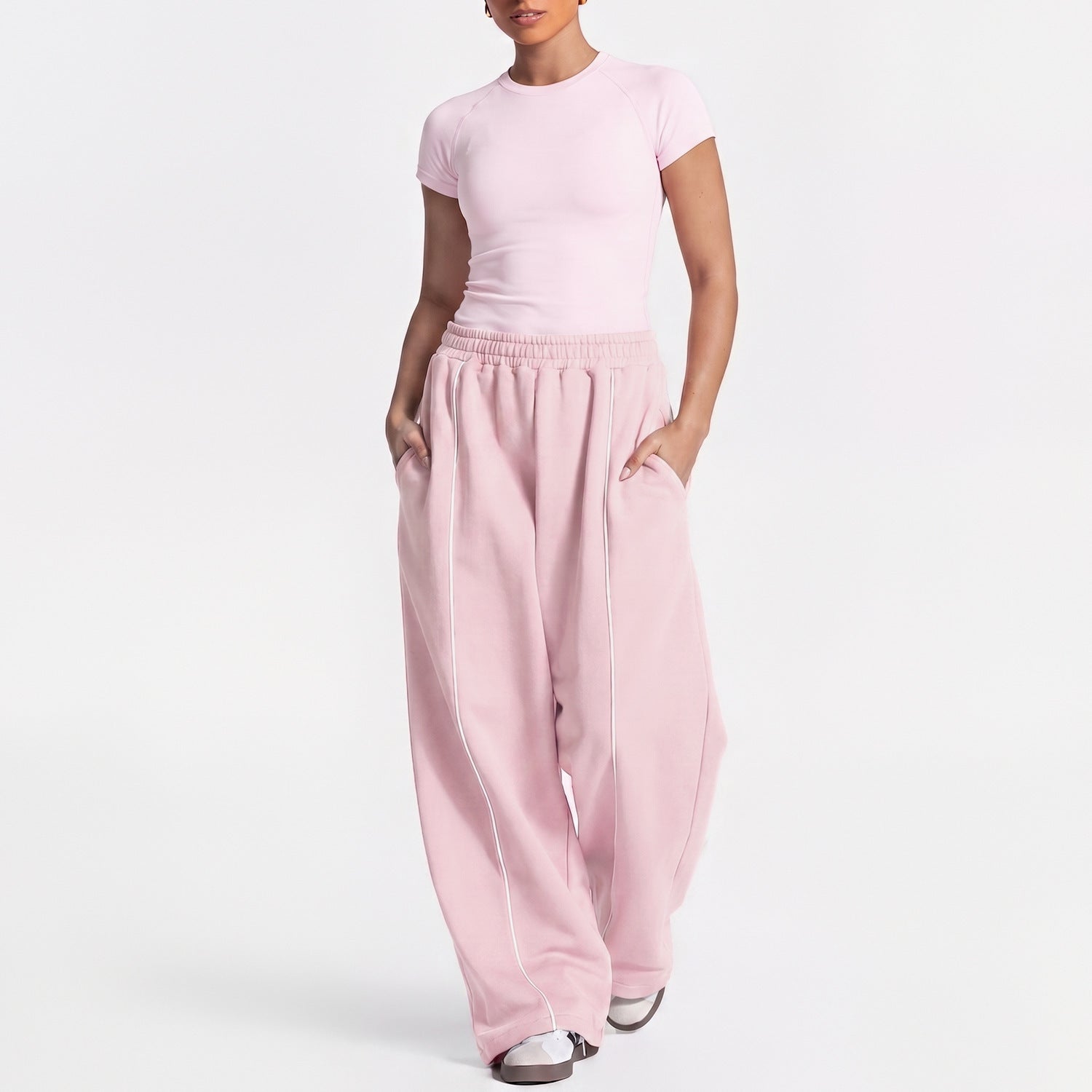 Women Loose Wide Leg Sweatpants Straight Casual Trousers Yoga Outfit Set, European & American Style Short Sleeve Sports Top