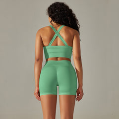 2 seamless beautiful back cross double straps sports vest bra set running fitness yoga pants 14 colors