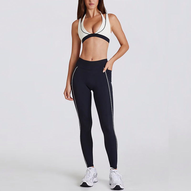 Color Block Striped Running Shorts & V-Neck Halter Sports Bra Yoga Set