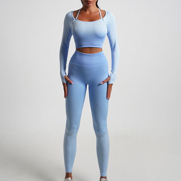 New Arrival Seamless Tight Yoga Suit Long Sleeve Gradient Sports Fitness Elastic Two-piece Female 5 Colors