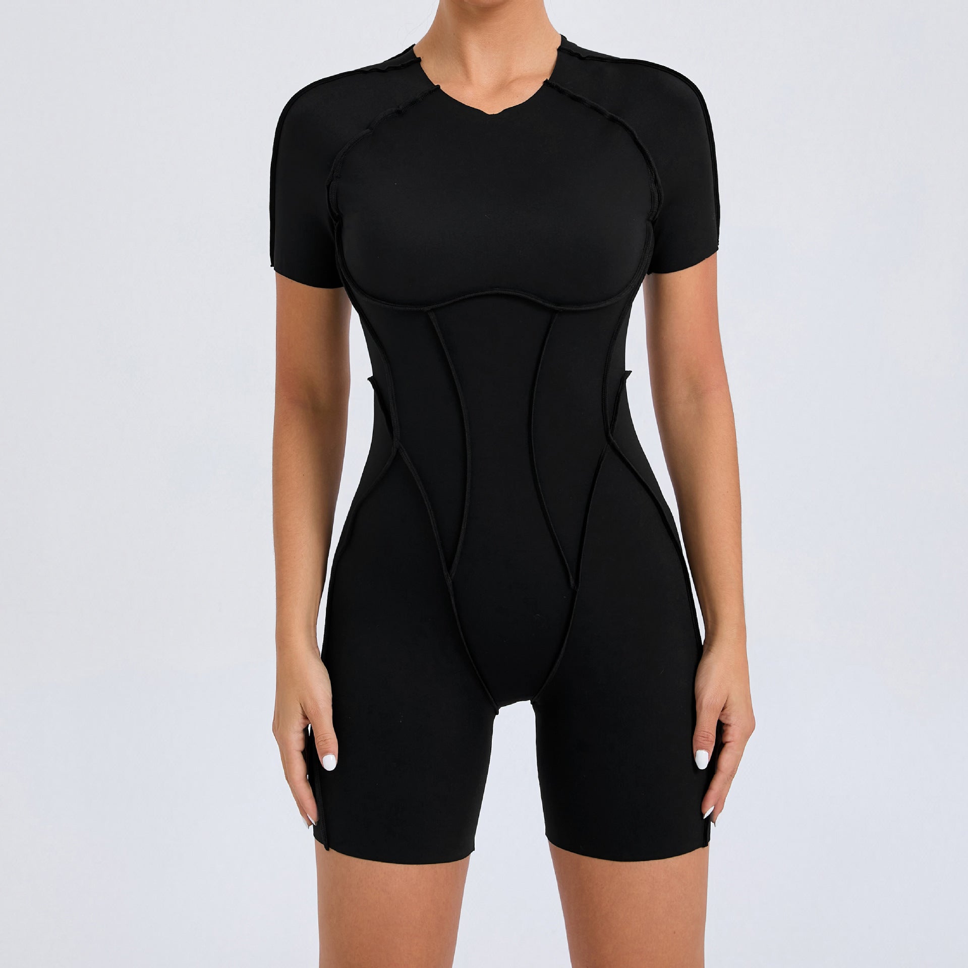 Stretch tight short sleeved exposed exercise one-piece yoga wear