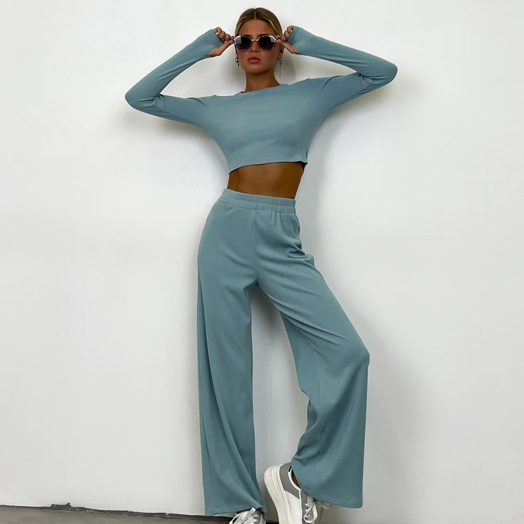 Solid color slacks slim knit two-piece set for women