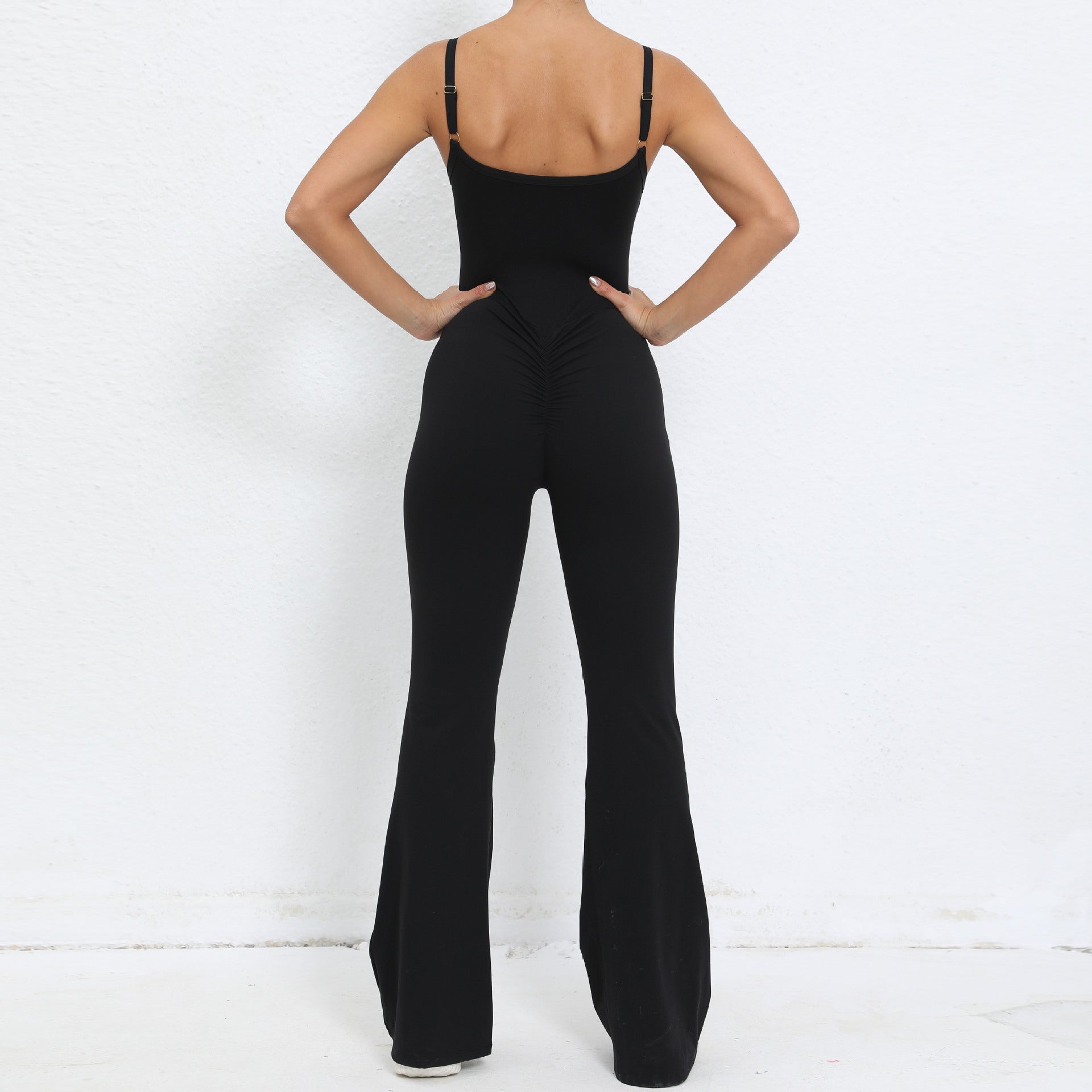 Adjustable shoulder strap flared one-piece yoga suit nude