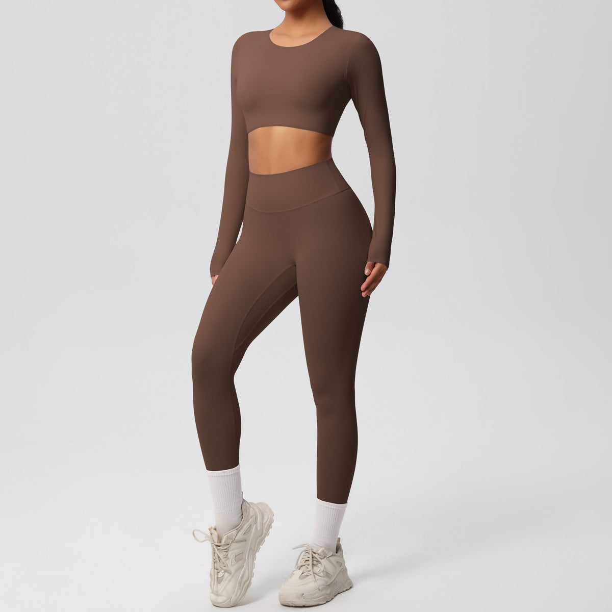 Frosted tight yoga dress with chest pad long sleeve pants two-piece set