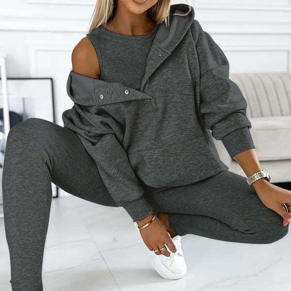 Casual hoodie with thick thread slim-fit vest pants three-piece set