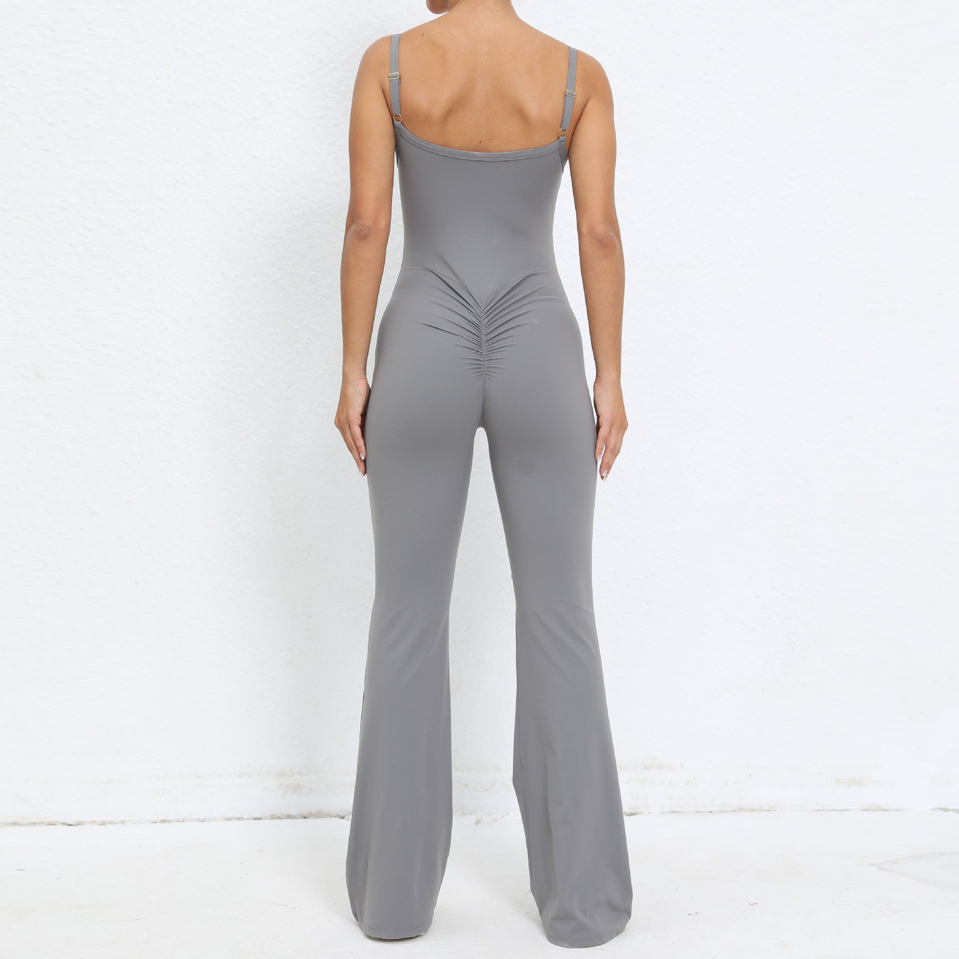 Adjustable shoulder strap flared one-piece yoga suit nude