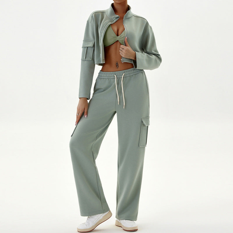 Cargo casual sports set loose with zipper two-piece yoga suit