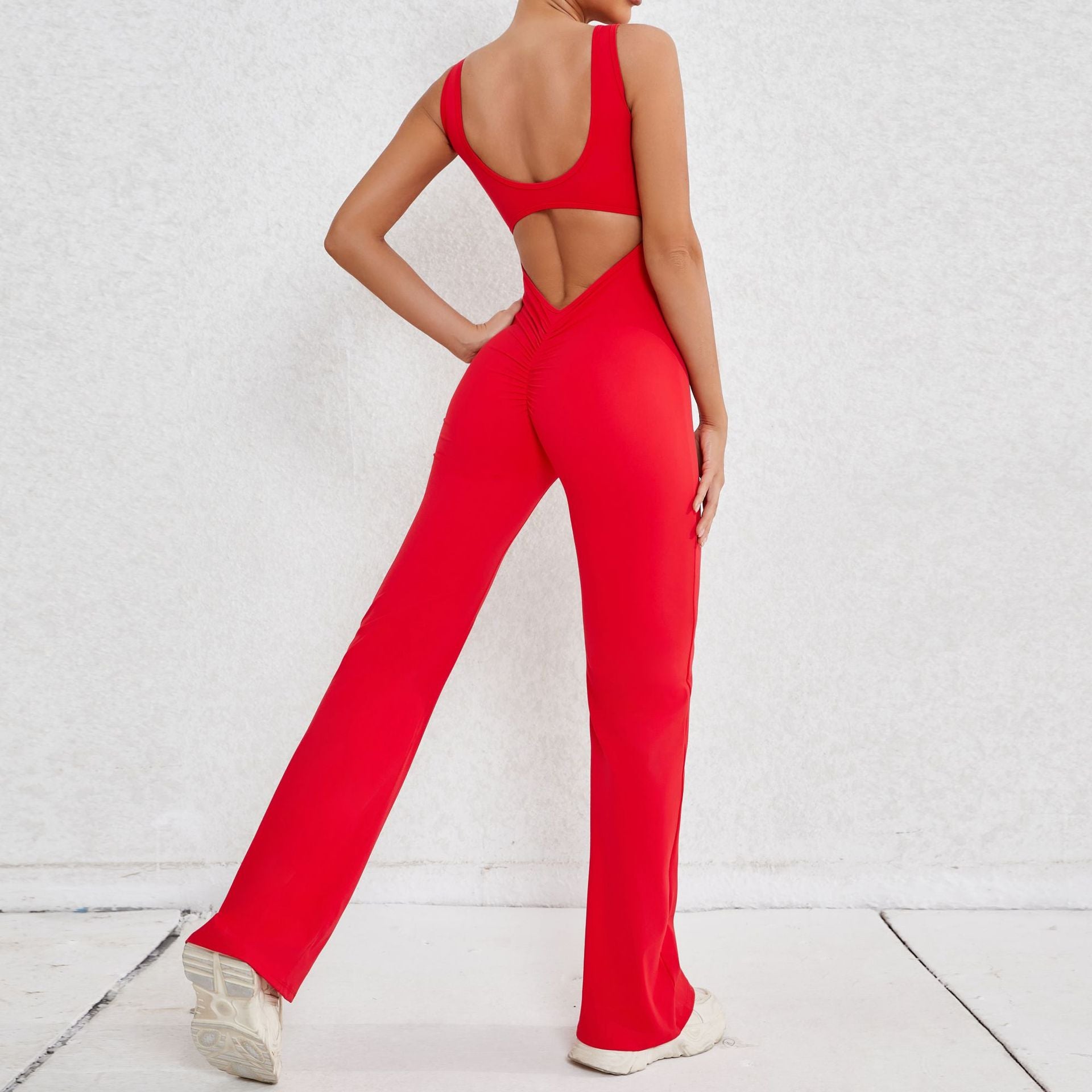 Women Workout Flare Jumpsuits Sexy Backless Gym Bodycon Scrunch Butt Yoga Rompers V Back 8 colors