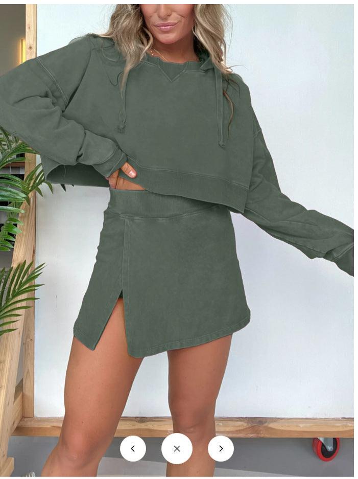 Casual wash water long sleeve hoodie skirt suit