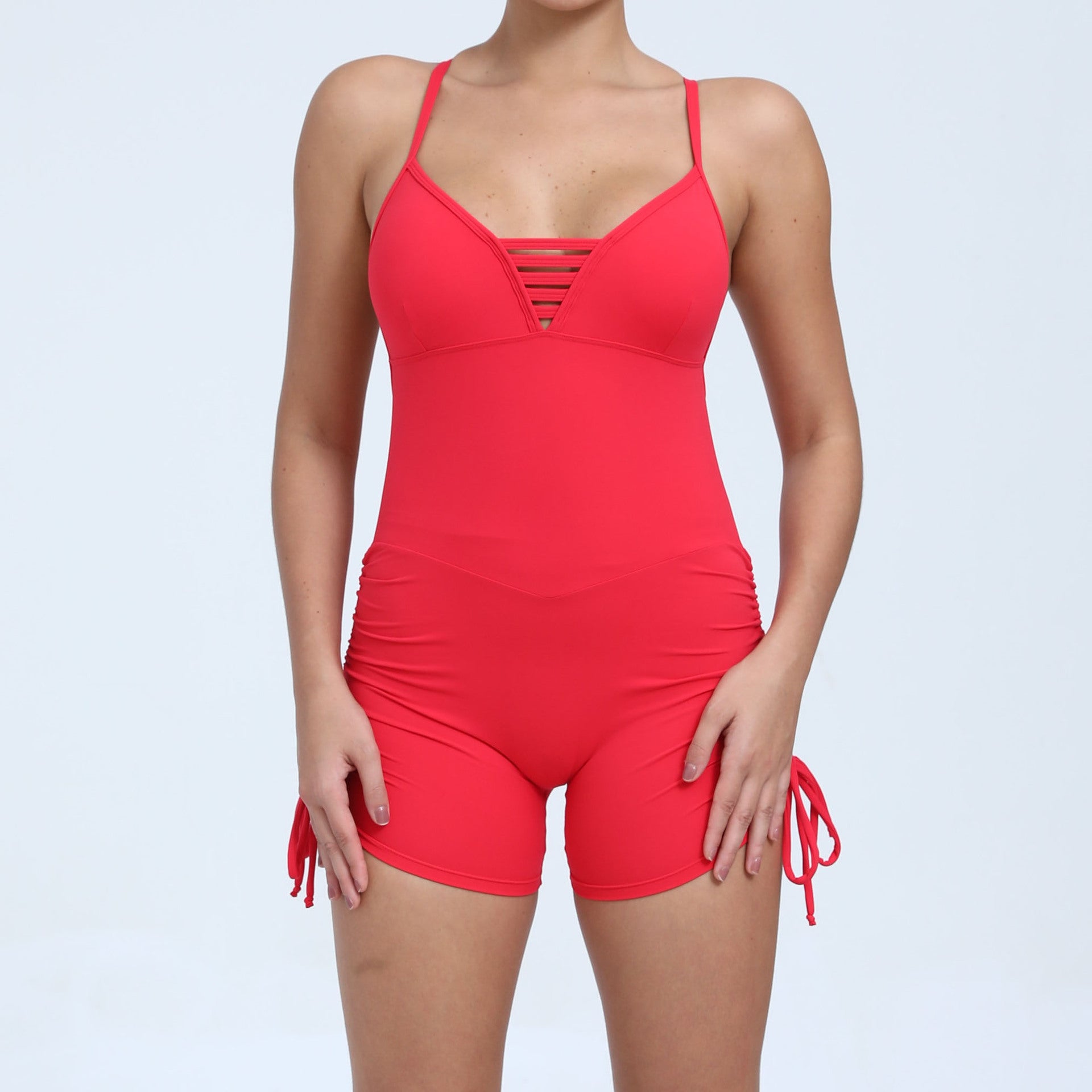 Cut-out beauty back side drawstring yoga romper