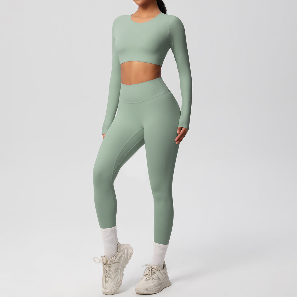 Frosted tight yoga dress with chest pad long sleeve pants two-piece set