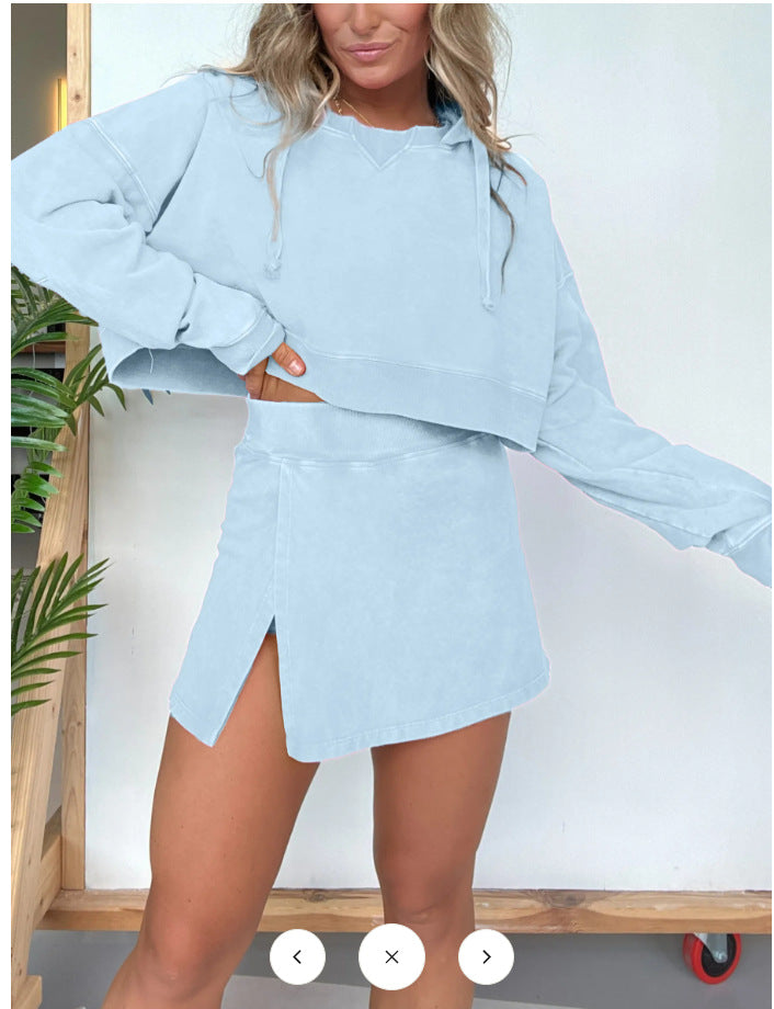 Casual wash water long sleeve hoodie skirt suit