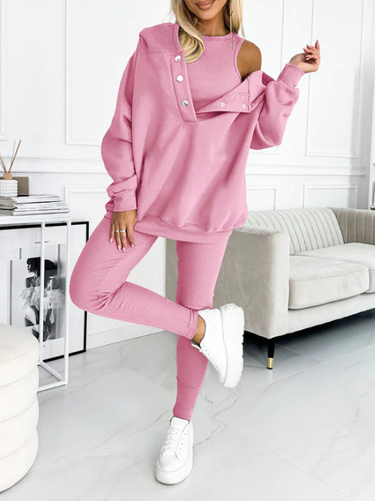 Casual hoodie with thick thread slim-fit vest pants three-piece set