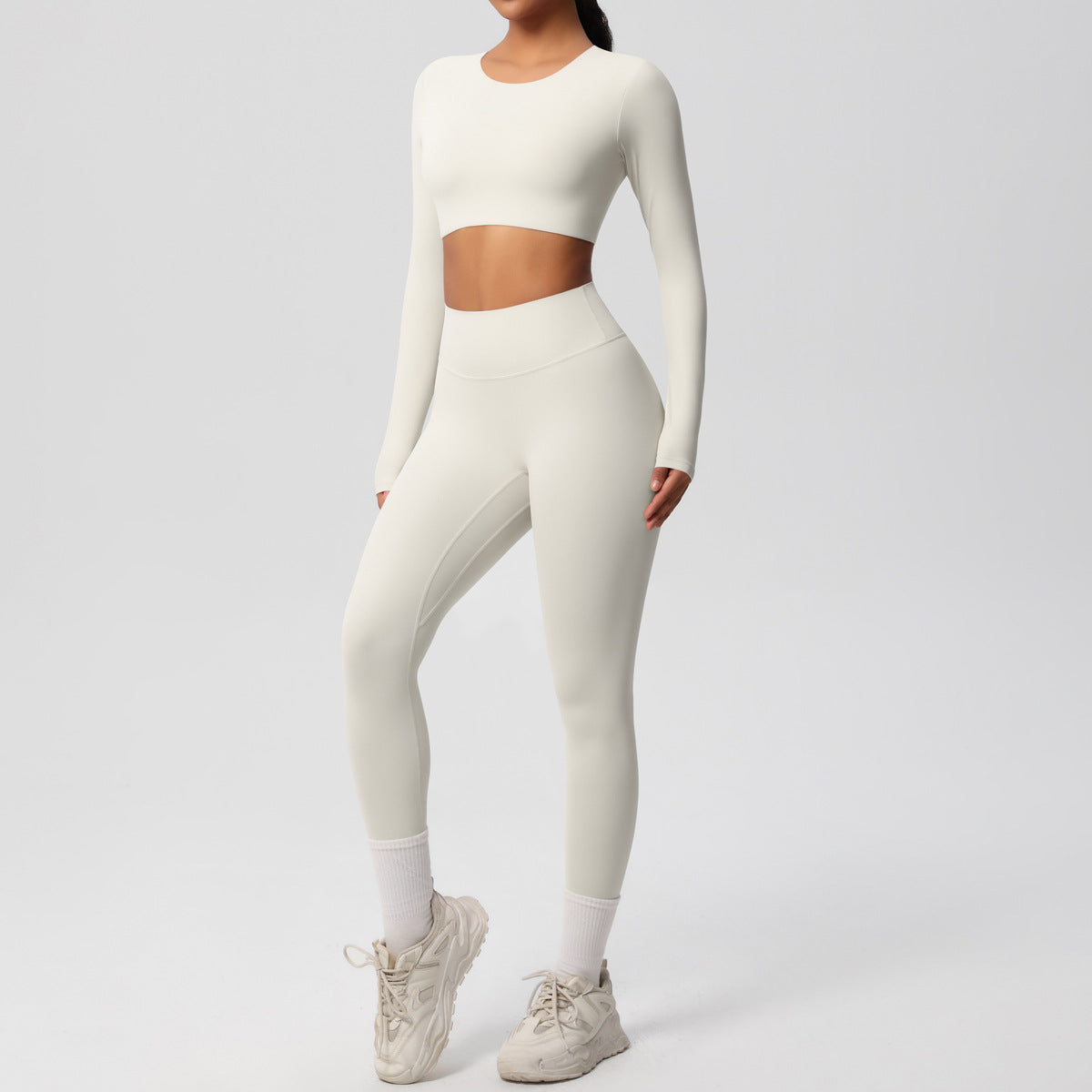 Frosted tight yoga dress with chest pad long sleeve pants two-piece set