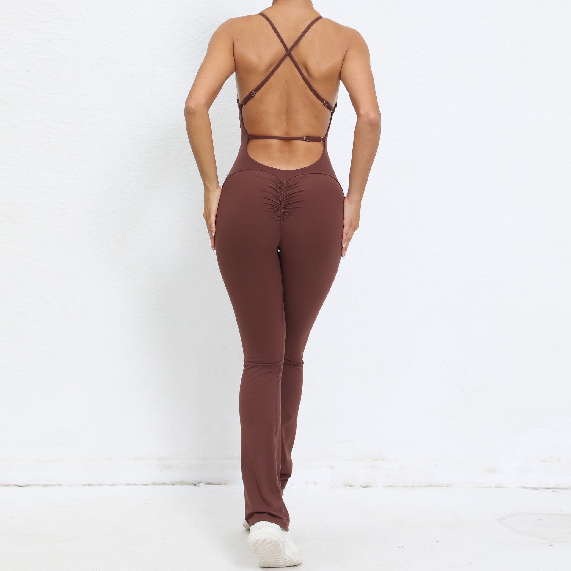 Adjustable strap back flared one-piece yoga suit