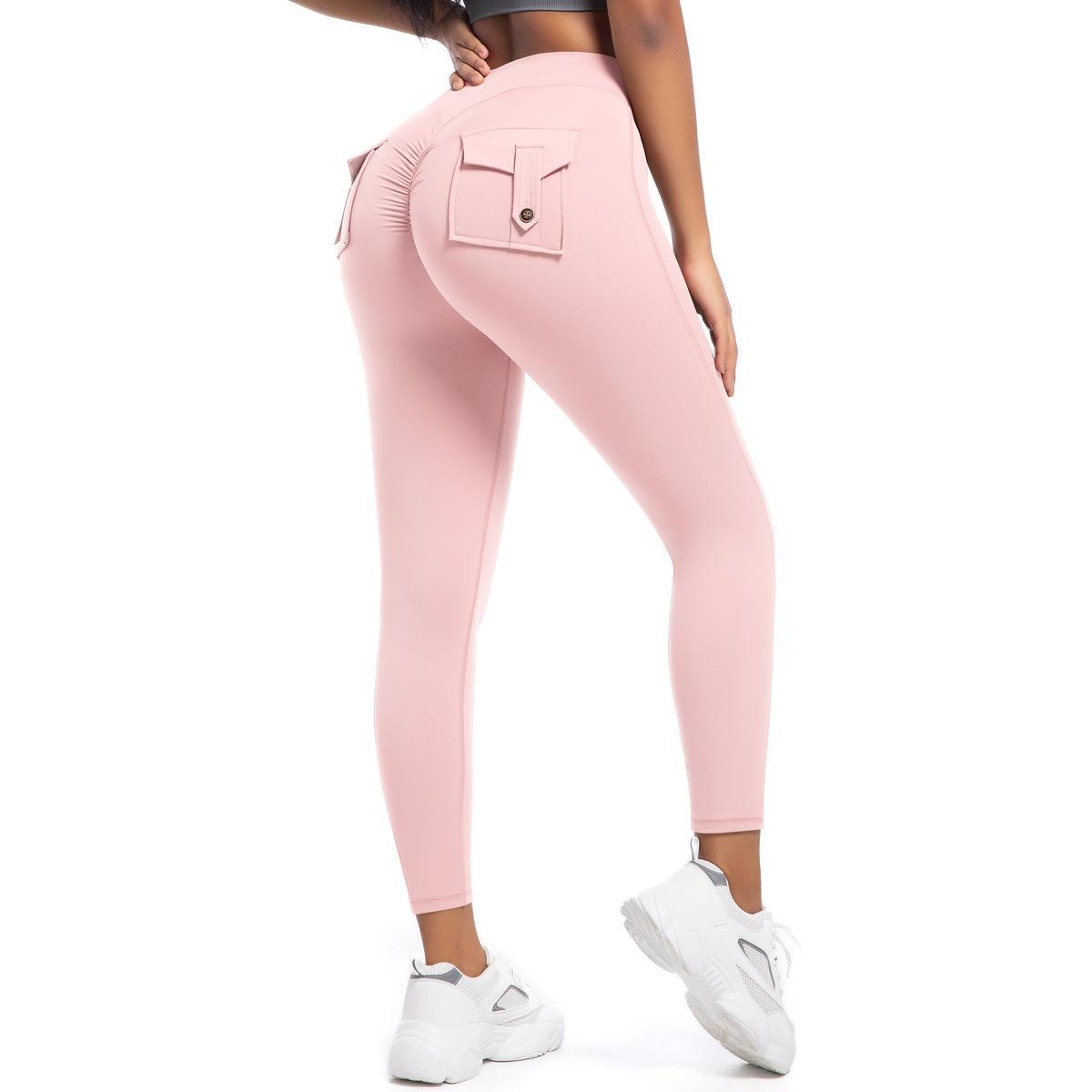 Peach cargo tights high-waisted stretch button-up yoga pants