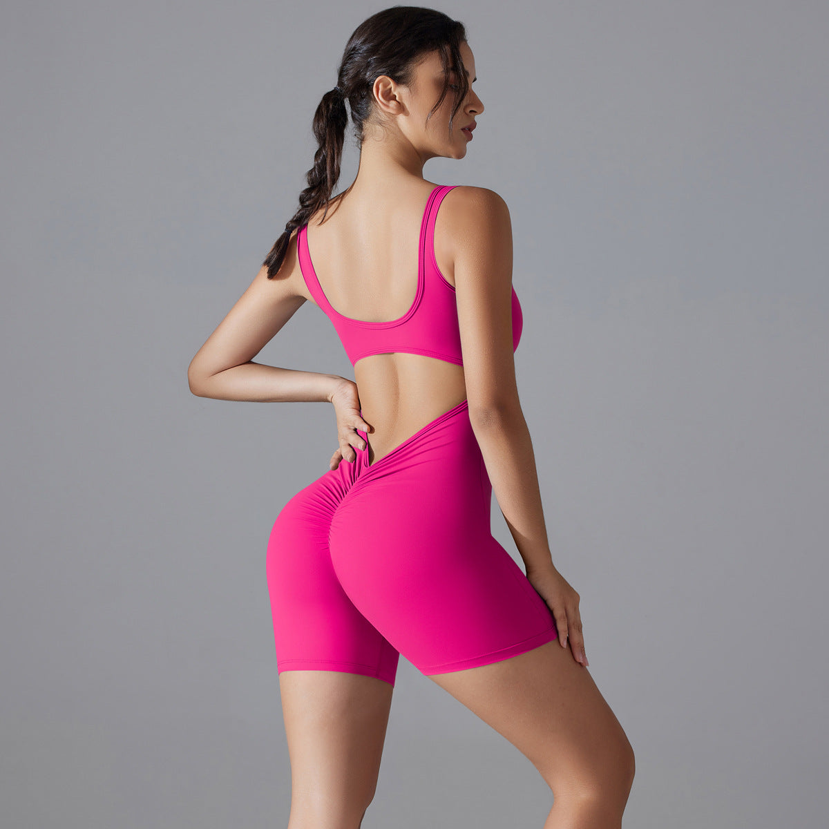 Plus size double - sided nylon nude high - elastic V - waist tight shorts one-piece yoga suit