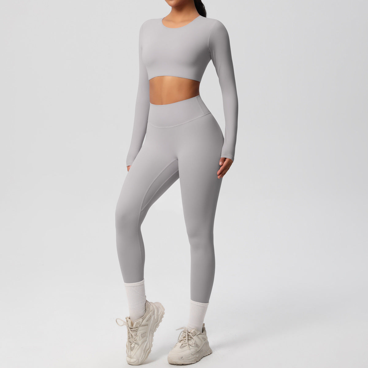 Frosted tight yoga dress with chest pad long sleeve pants two-piece set