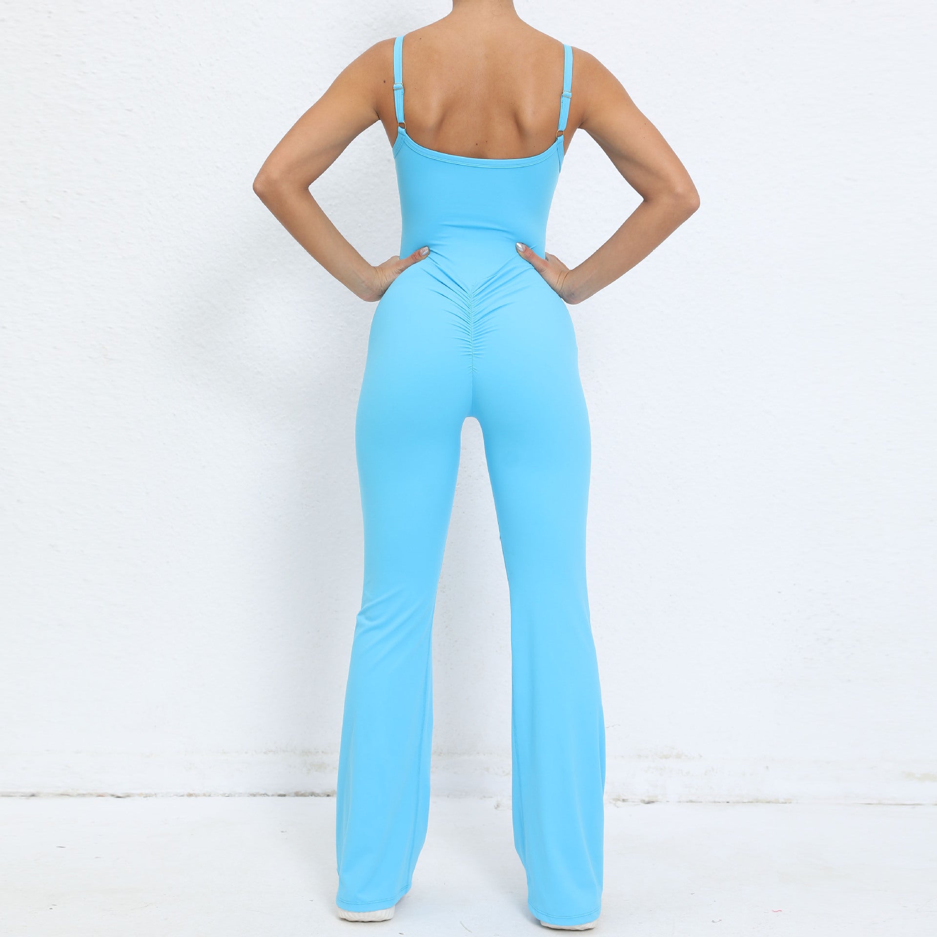 Adjustable shoulder strap flared one-piece yoga suit nude