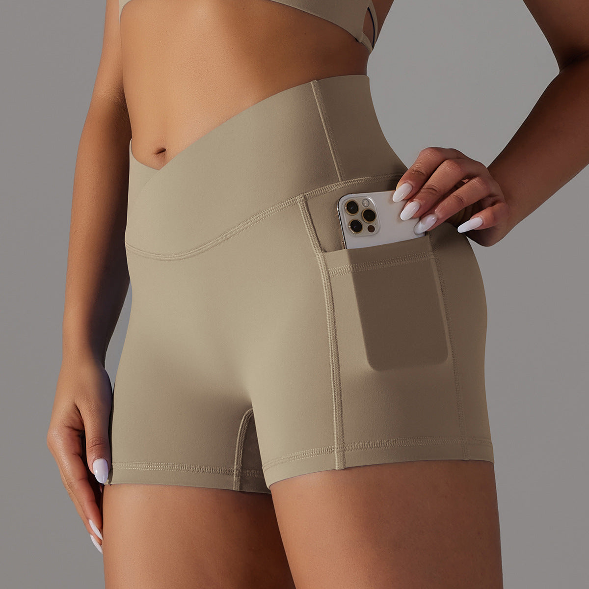 Reversible polyamide wool crossed V-waist pocket yoga shorts three-quarter pants 10colors