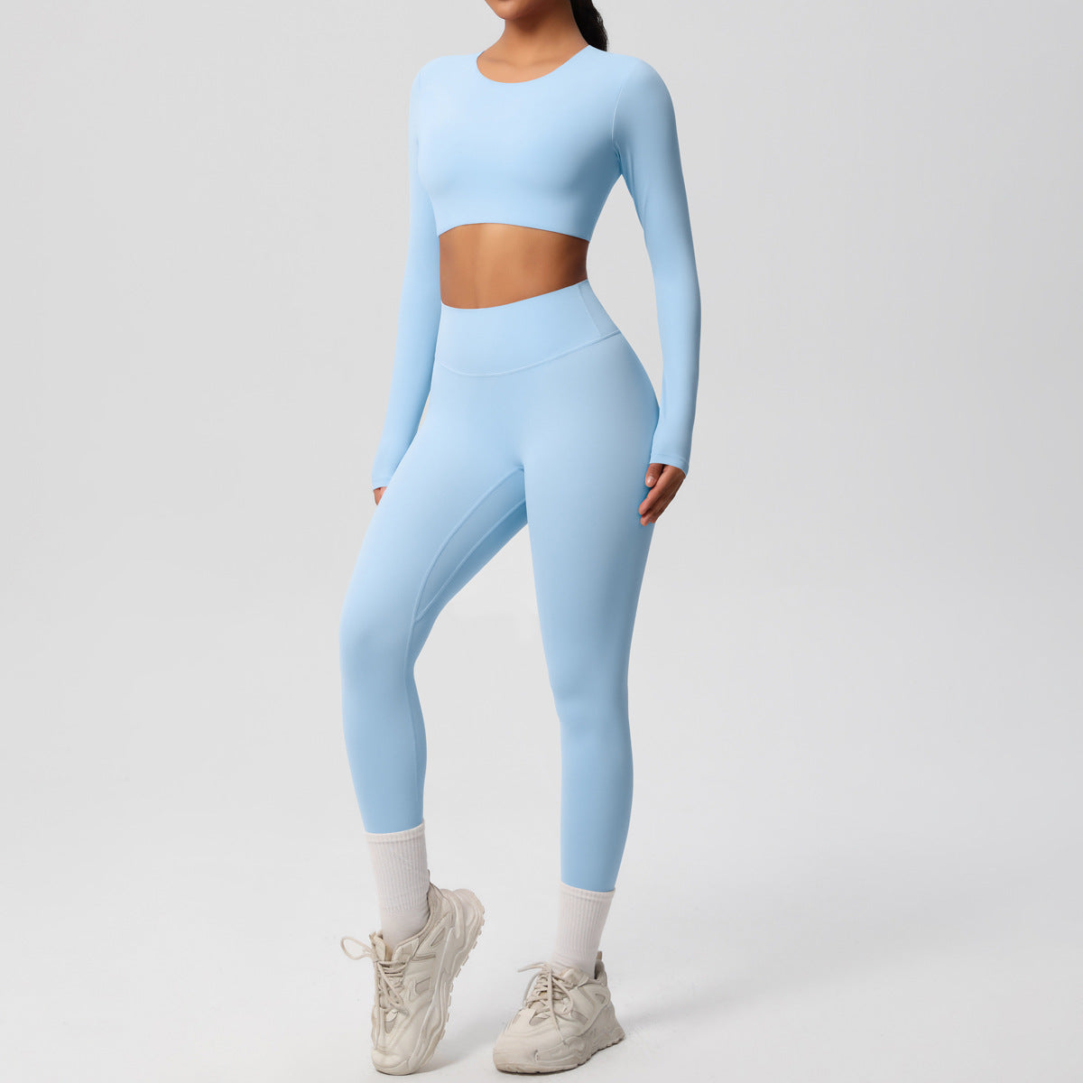 Frosted tight yoga dress with chest pad long sleeve pants two-piece set