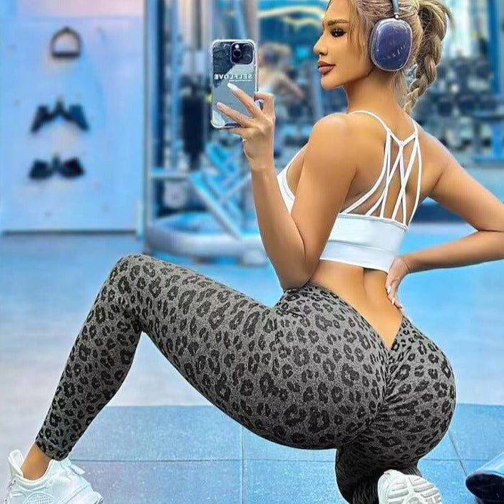 Burst V-waist solid color leopard print seamless high waist hip lift fitness pants 10 color