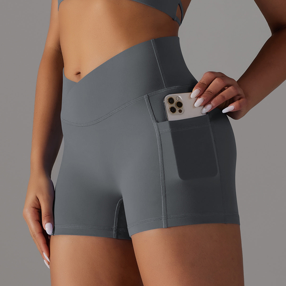 Reversible polyamide wool crossed V-waist pocket yoga shorts three-quarter pants 10colors