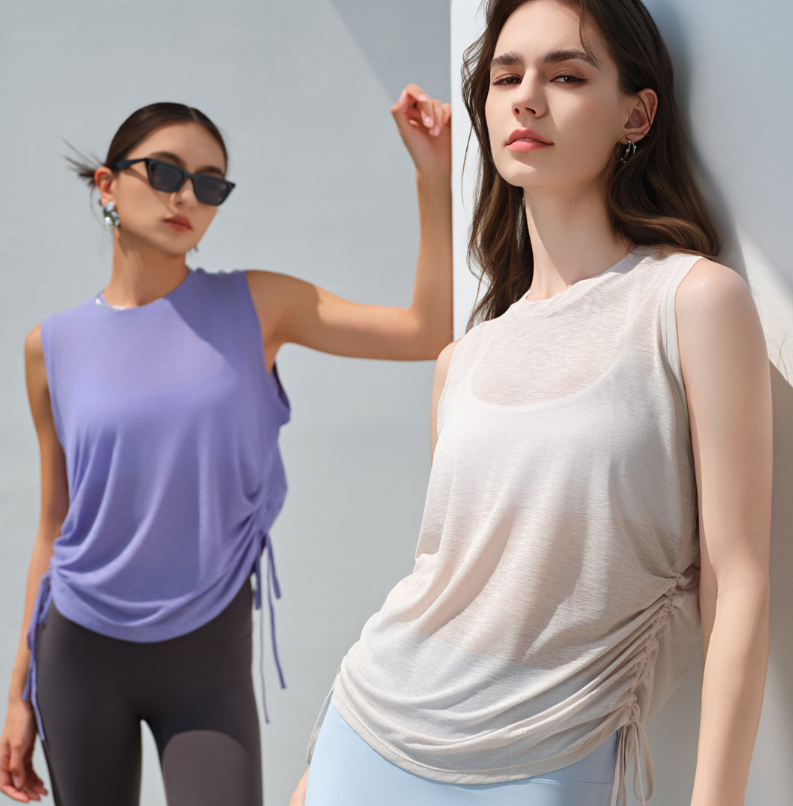 The new style of drawstring sports top women loose casual quick dry sleeveless yoga vest thin fitness top