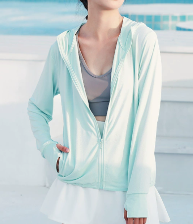 New Arrival Women Thin Hooded Sun Protection Jacket, Long Sleeve Jacquard Breathable Outdoor UV Protection Coat