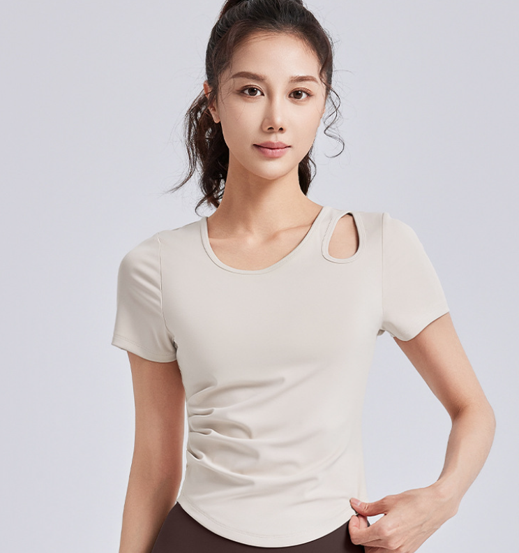 Women Slim Fit One-piece Cup Yoga Top with Built-in Pads, Short Sleeve Summer Fitness Shirt
