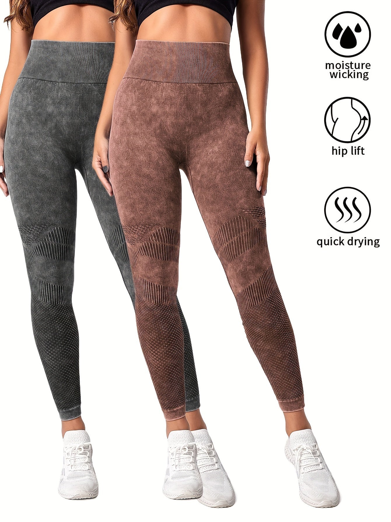 2 Pack Women's Seamless Washed Wide Waistband Sports Leggings, Women's High Waist Yoga Leggings, Textured Tummy Control Ruched Booty Tights Push Up Yoga Pants