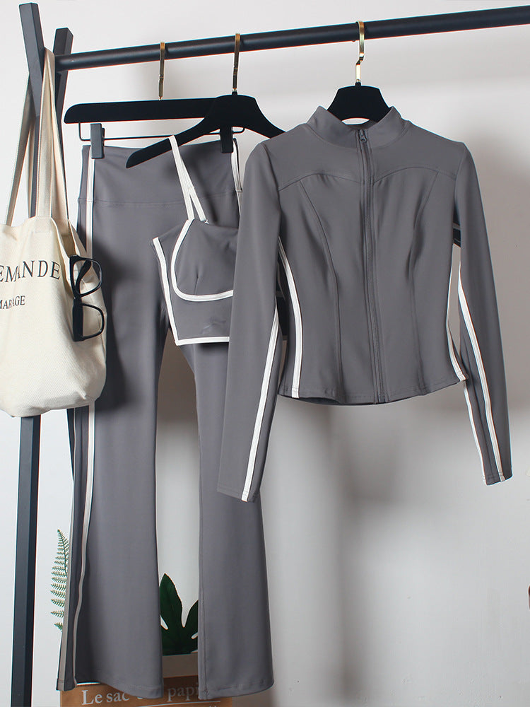 High-Waisted Flared Yoga Pants 3-Piece Zipper Set Women Slim Fit Running Tracksuit